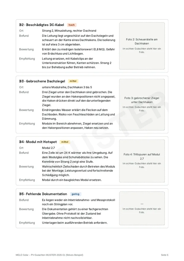 Mustergutachten, Befunde mit Bewertung und Empfehlung
